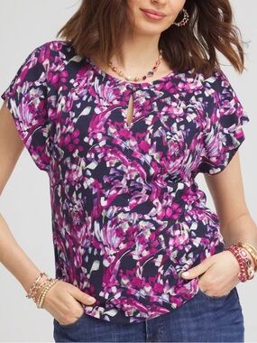 Chico's Abstract Slub Print Keyhole Neck Tee Cotton Modal Size 3 (XL)